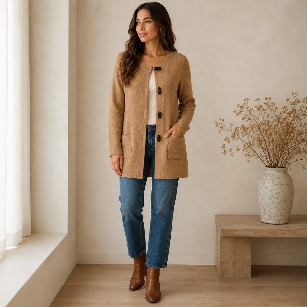 Ellen Tracy Merino Wool Long Cardigan Sweater Coat S Camel Toggle Quiet Luxury